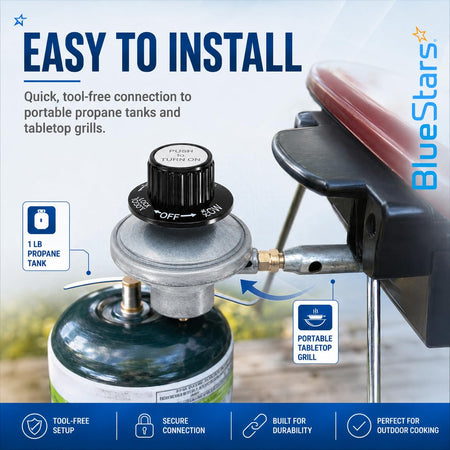 Propane regulator connecting a 1 lb propane tank to a portable tabletop grill for tool-free installation.