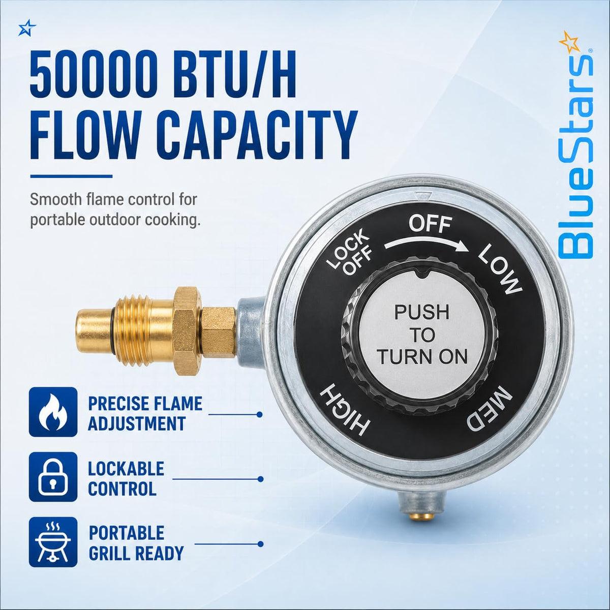 BlueStars 50,000 BTU/H propane regulator control knob with brass fitting for precise outdoor grill flame adjustment.
