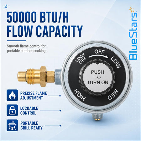 BlueStars 50,000 BTU/H propane regulator control knob with brass fitting for precise outdoor grill flame adjustment.