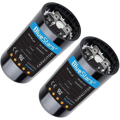Two BlueStars 161-193 uF 125 VAC round motor start capacitors for air conditioners and heat pumps.