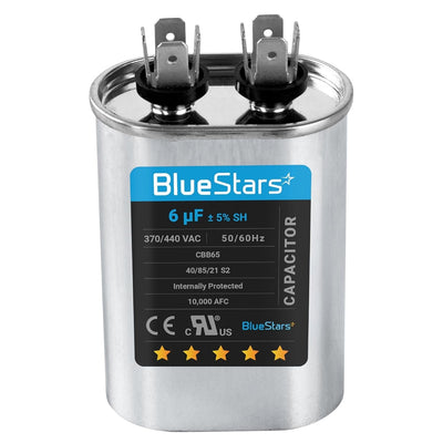 6 uF 370/440 VAC oval run start capacitor for AC motors and heat pumps.