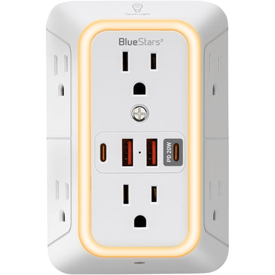 Front view of 3-sided surge protector outlet extender with USB ports and integrated LED night light.