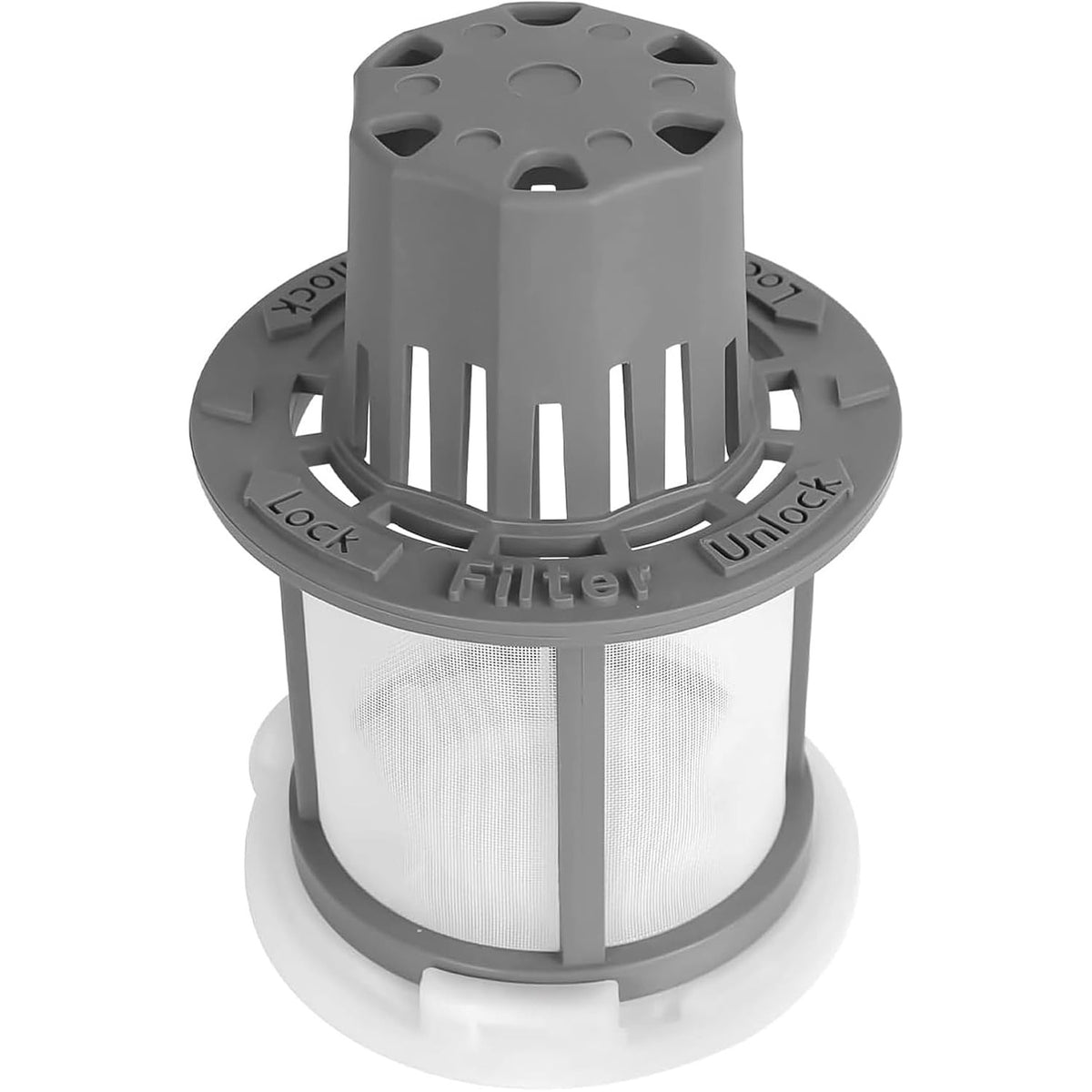 WD49X24057 GE dishwasher ultra fine filter kit, front view showing gray lock ring and white mesh filter