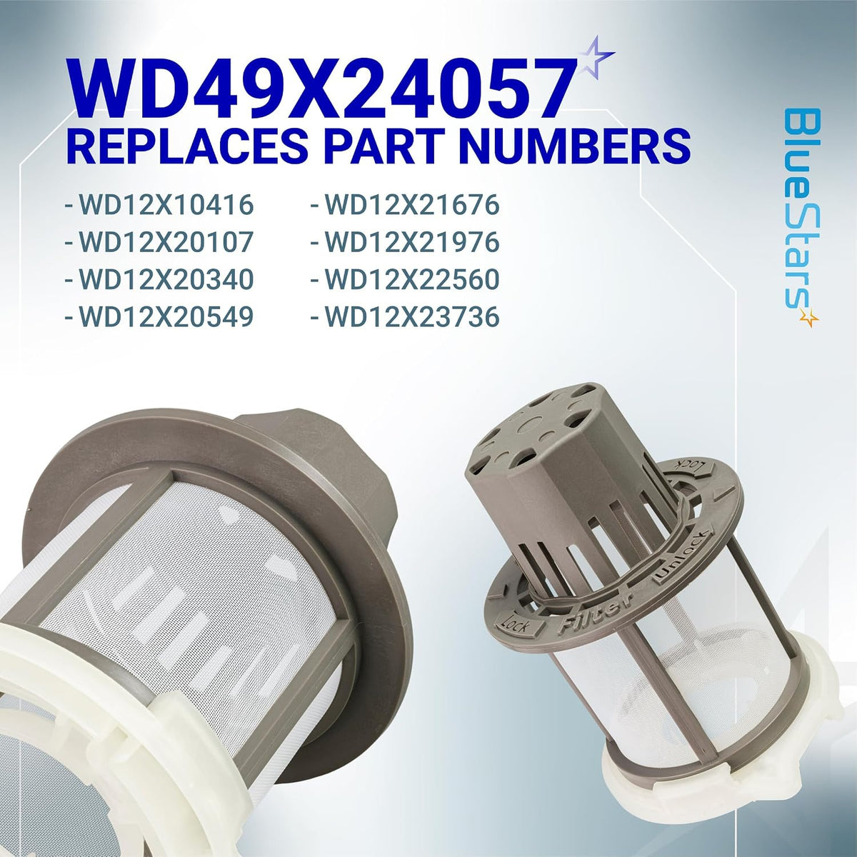 WD49X24057 dishwasher ultra fine filter kit showing two filter assemblies and listed replacement part numbers