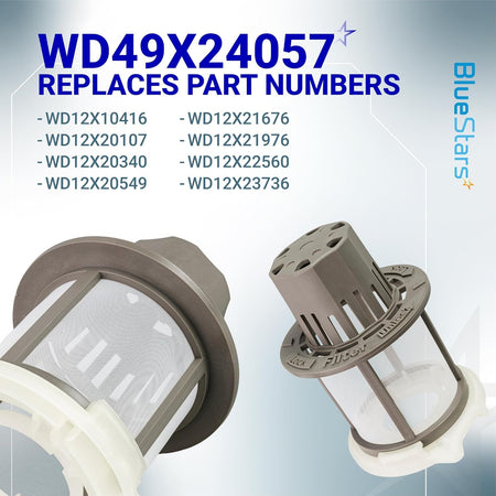 WD49X24057 dishwasher ultra fine filter kit showing two filter assemblies and listed replacement part numbers