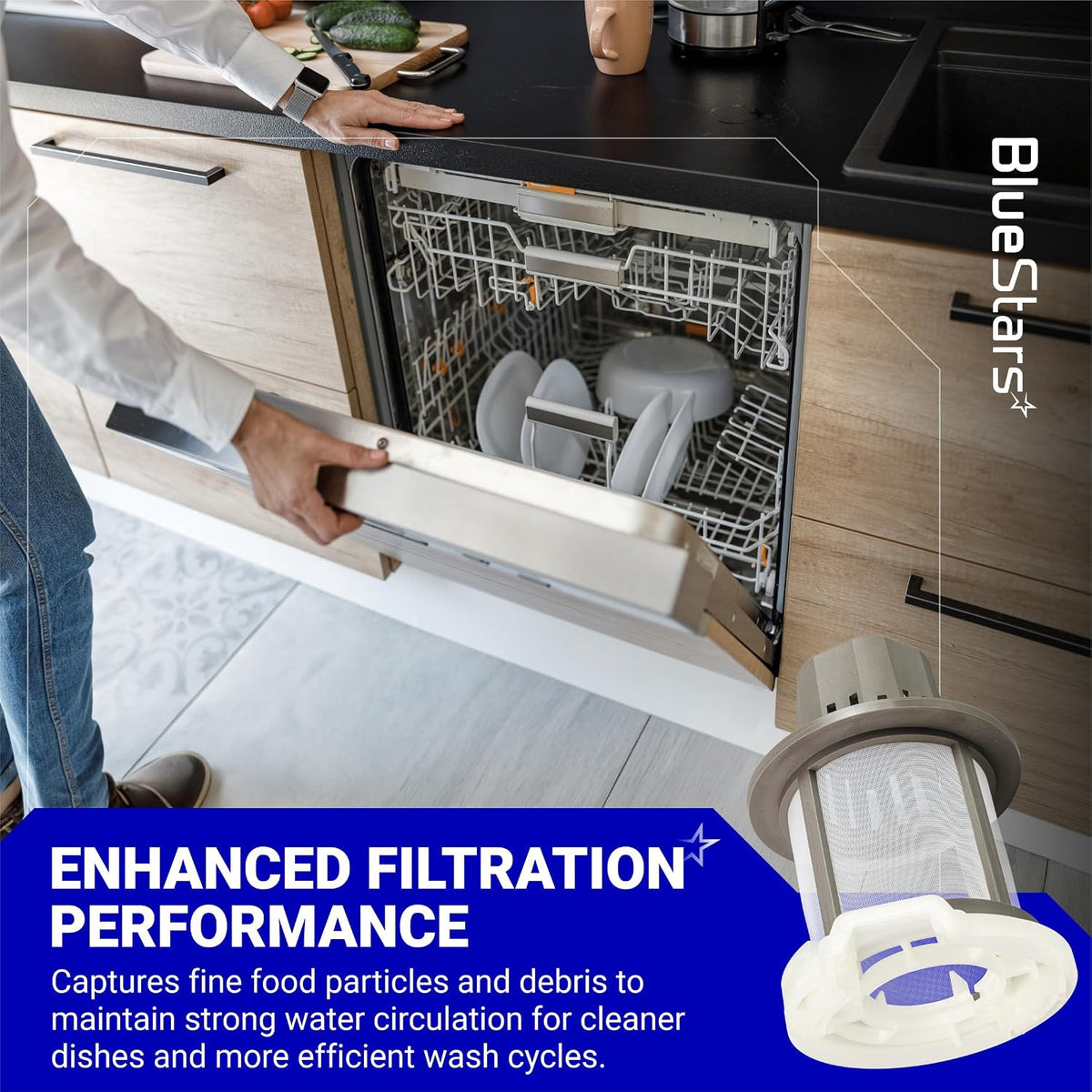 WD49X24057 Dishwasher Ultra Fine Filter Kit, open dishwasher and filter close-up with enhanced filtration text