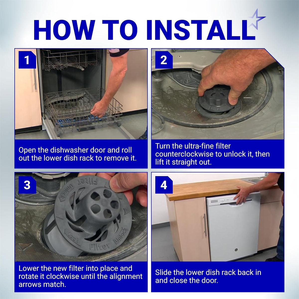 WD49X24057 dishwasher ultra fine filter kit installation instructions with four step-by-step panels