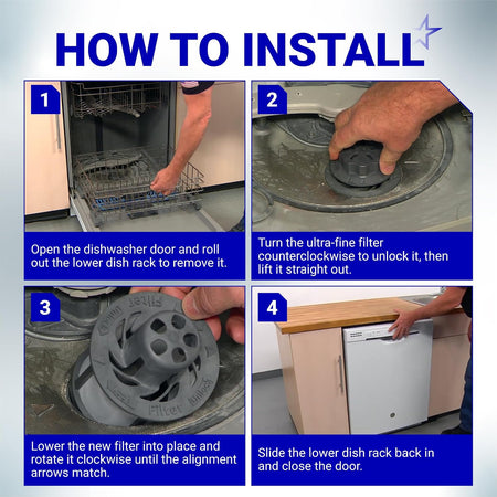 WD49X24057 dishwasher ultra fine filter kit installation instructions with four step-by-step panels