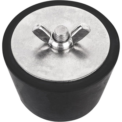Close-up of a 2-inch to 2.5-inch rubber pool winterizing expansion plug with a stainless steel wing nut.