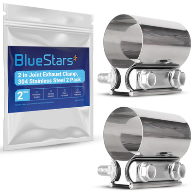 Two 2-inch stainless steel butt joint exhaust band clamps with product packaging.