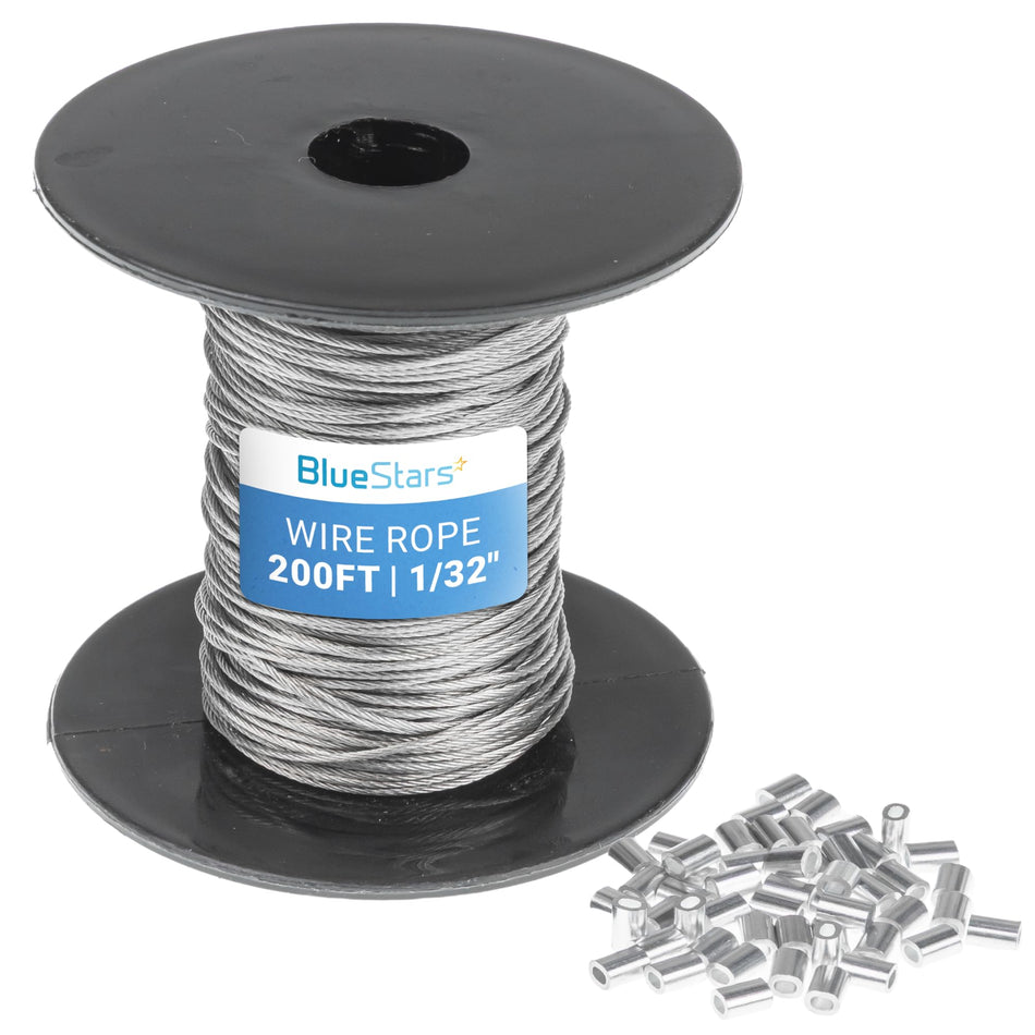 [Lifetime Warranty] 1/32" Wire Rope Kit - 200FT Wire Rope with 50pcs Aluminum Crimping Sleeves Stops - 7x7 Strand Core Heavy Braided Steel Cable for Deck Railing, String Lights, Garden Trellis and More
