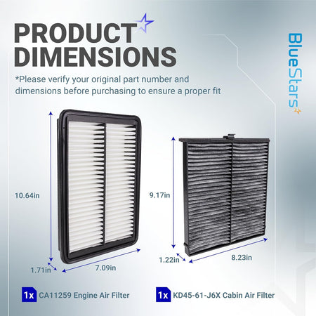 CA11259 Engine Air Filter & KD45-61-J6X Cabin Air Filter Kit, product dimensions diagram