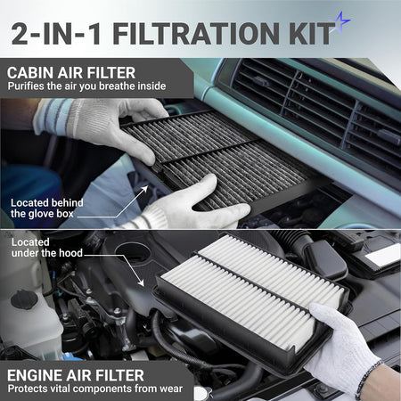 CA11259 Engine Air Filter & KD45-61-J6X Cabin Air Filter Kit, graphic showing cabin and engine filter locations
