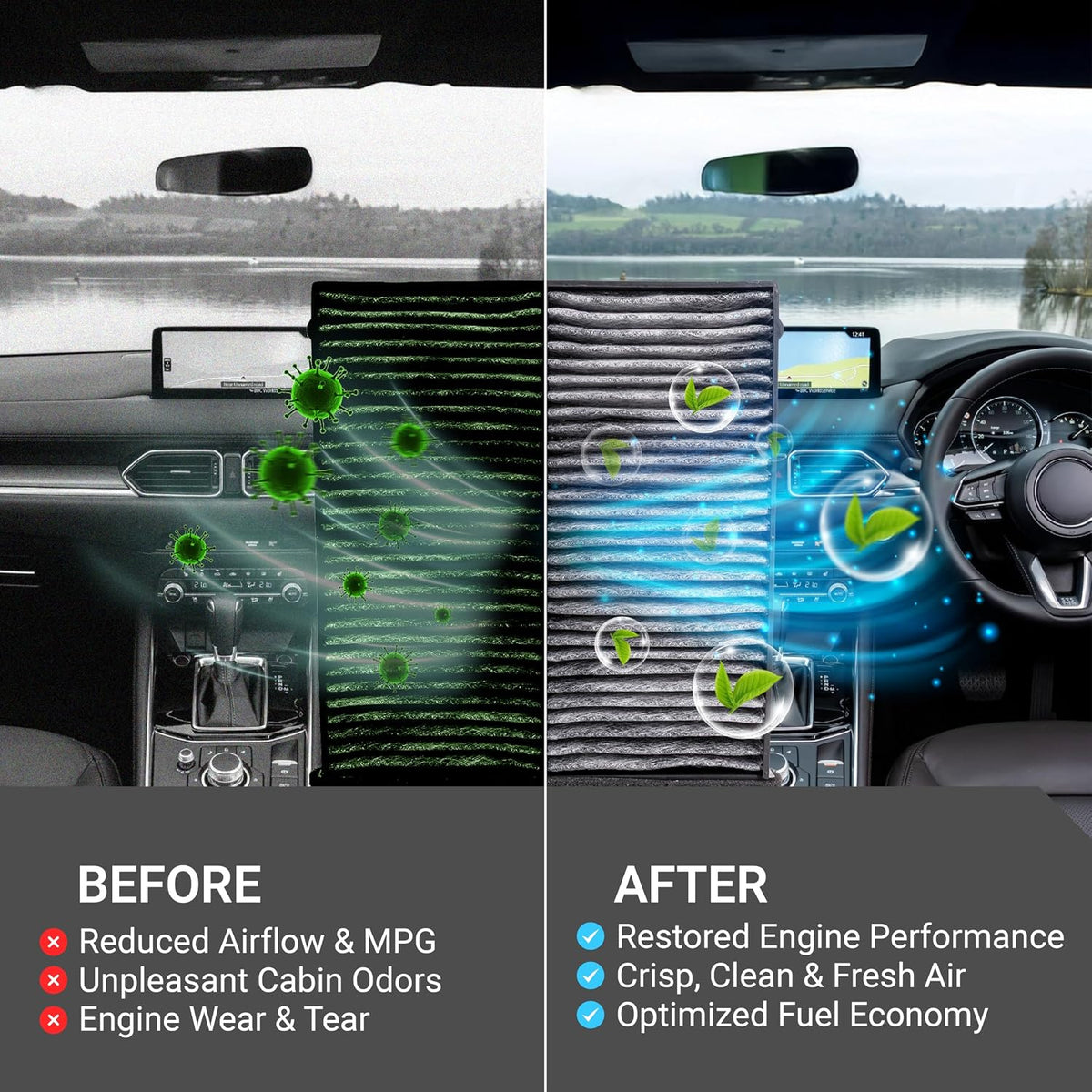 CA11259 Engine Air Filter & KD45-61-J6X Cabin Air Filter Kit, before-and-after airflow comparison