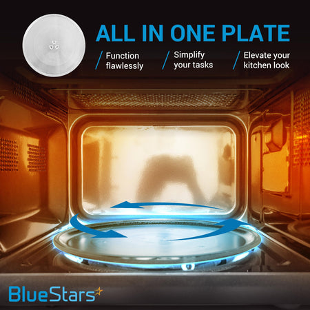 12.75-inch microwave glass replacement plate installed inside a microwave oven with rotating motion graphic.