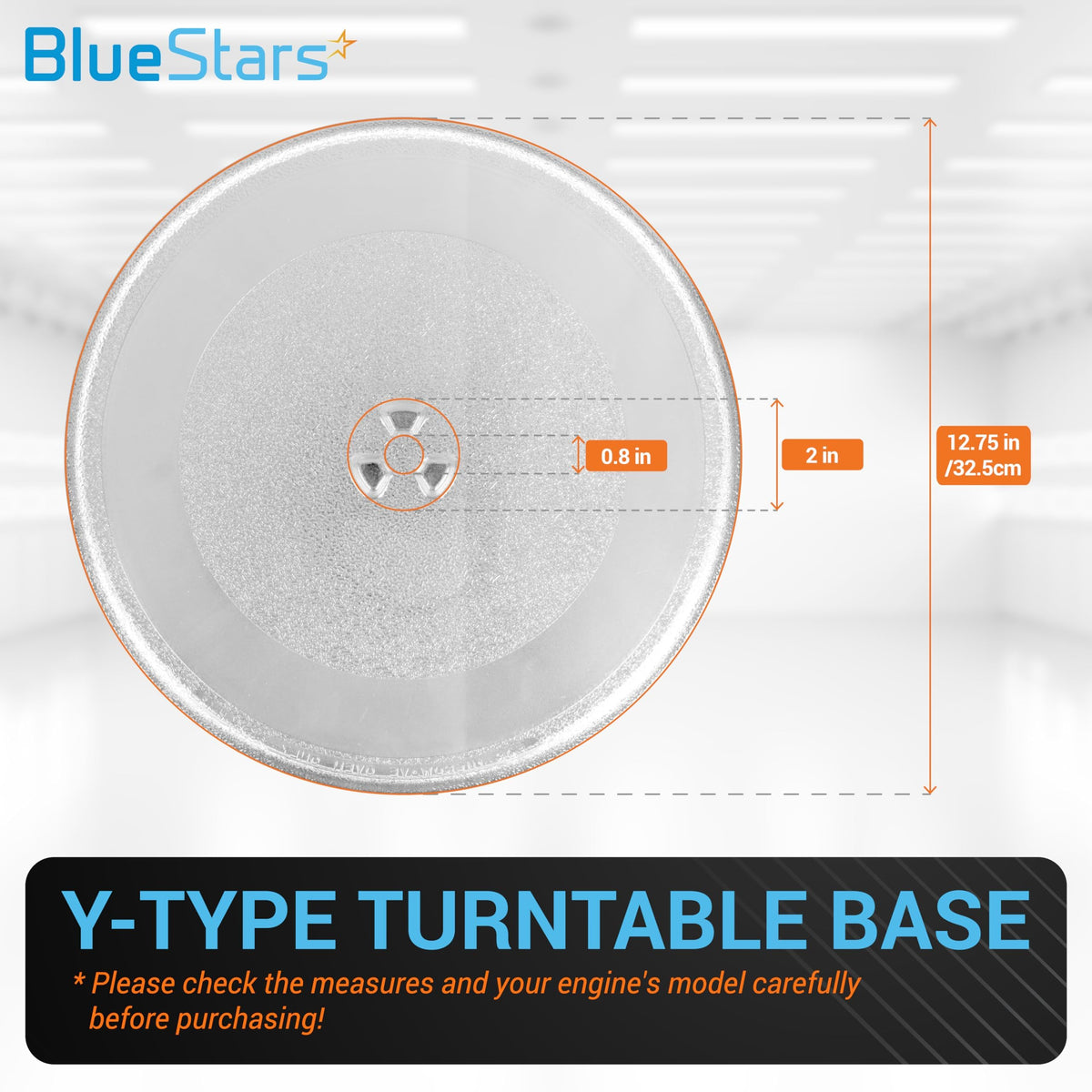 12.75-inch microwave glass turntable plate with Y-type base dimensions and measurement labels.