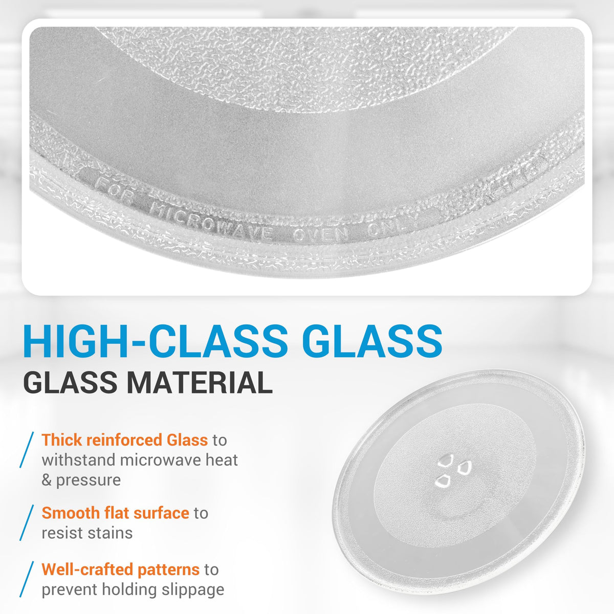 Close-up of 12.75-inch microwave glass plate showing reinforced material and anti-slip pattern details.