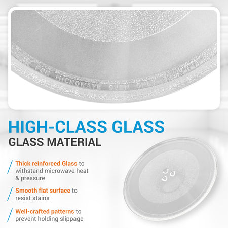 Close-up of 12.75-inch microwave glass plate showing reinforced material and anti-slip pattern details.