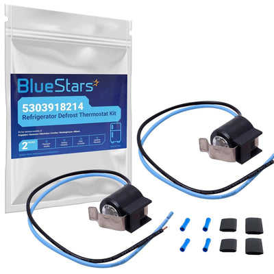 BlueStars 5303918214 refrigerator defrost thermostat kit with two sensors, wire connectors, and packaging.