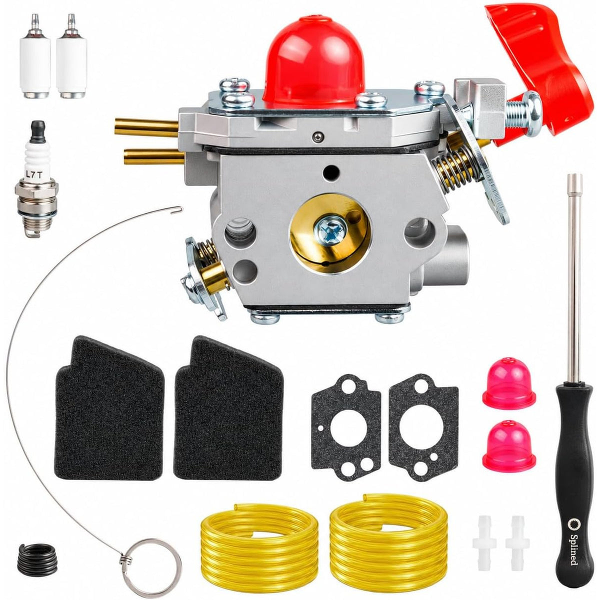 545081857 Carburetor Kit with carburetor, filters, gaskets, primer bulbs, fuel line and hardware displayed