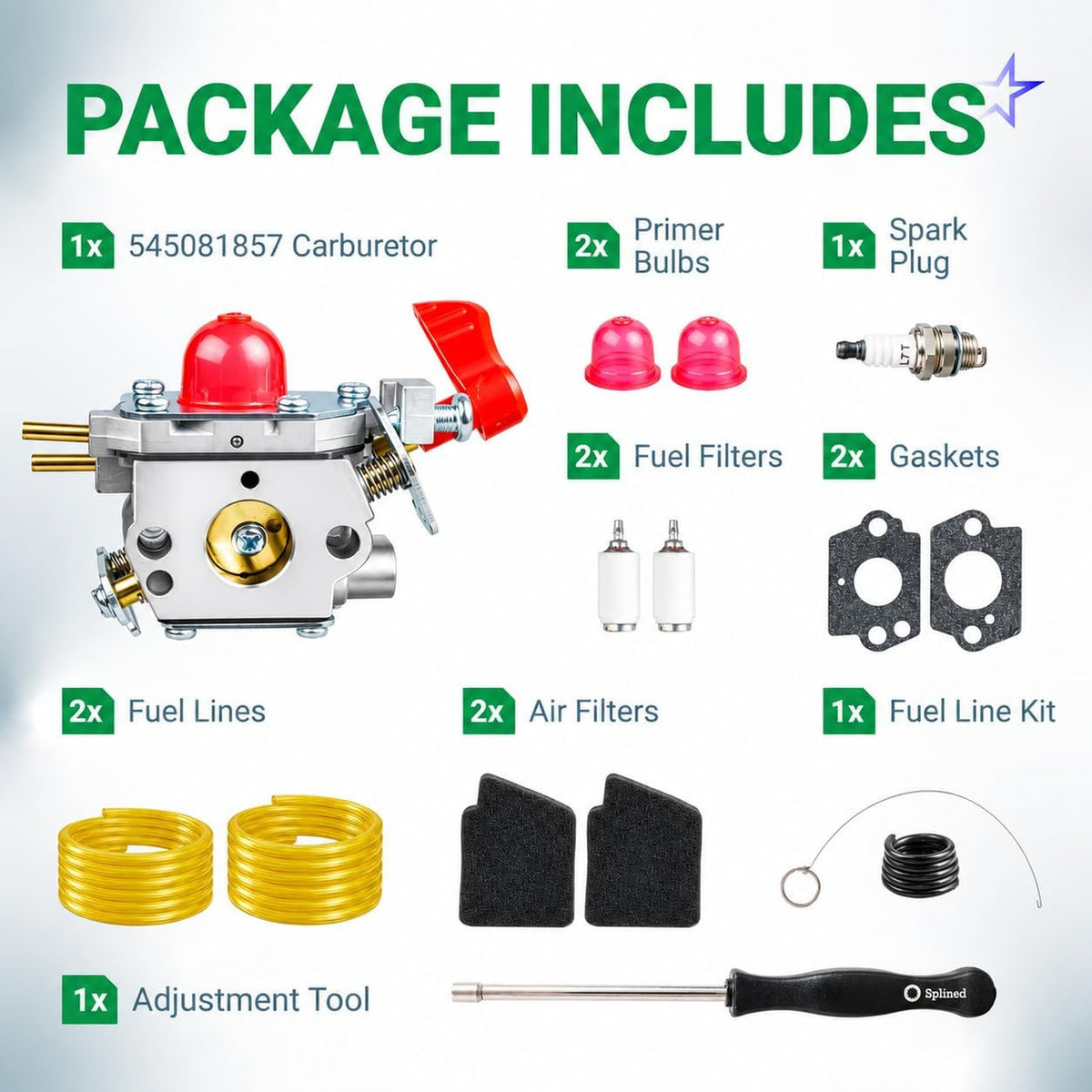 545081857 Carburetor Kit package contents: carburetor, primer bulbs, spark plug, filters, gaskets, fuel lines and tool