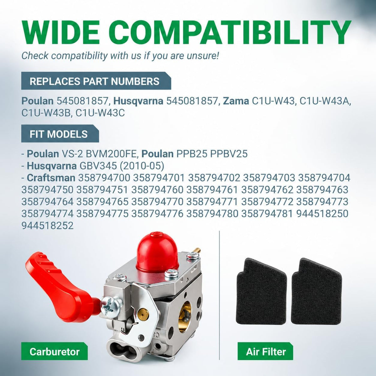 545081857 Carburetor Kit shows a compatibility list, carburetor, and two air filters