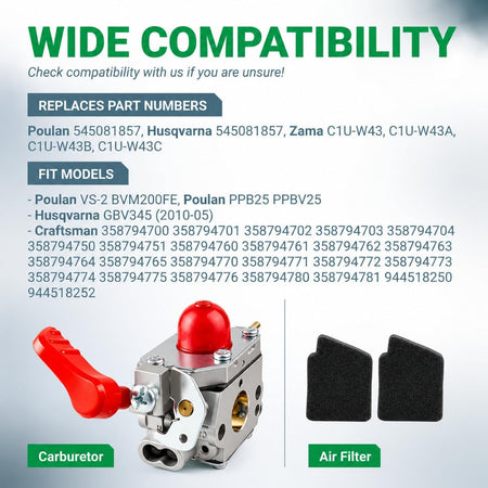 545081857 Carburetor Kit shows a compatibility list, carburetor, and two air filters