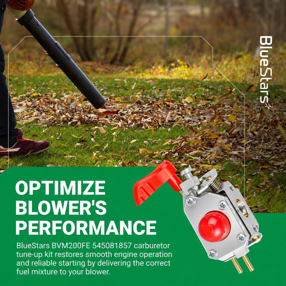 545081857 Carburetor Kit promotional graphic showing the carburetor beside a leaf blower clearing leaves