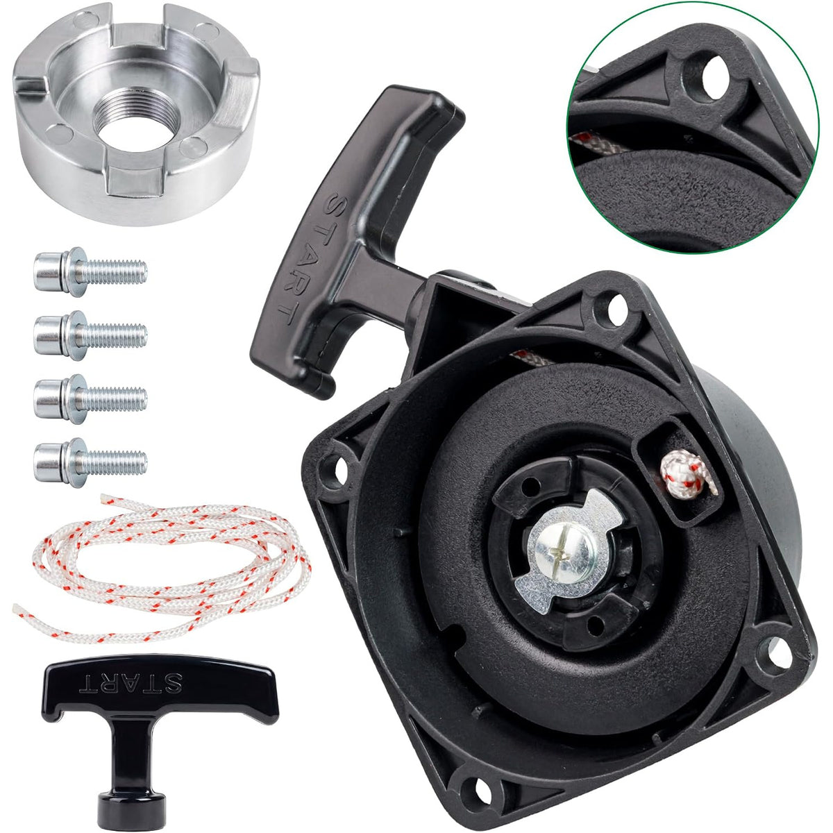 A051001520 Recoil Starter Pull Start, showing starter assembly, pull handle, rope, screws, and metal cup with close-up inset