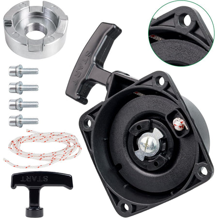 A051001520 Recoil Starter Pull Start, showing starter assembly, pull handle, rope, screws, and metal cup with close-up inset