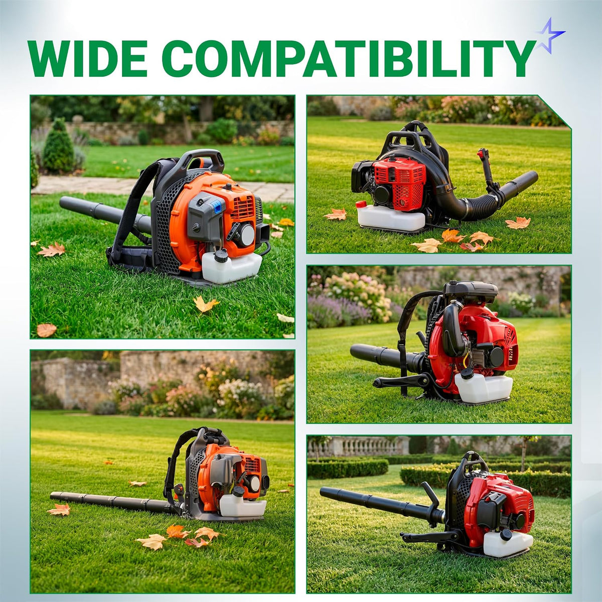 A051001520 Recoil Starter Pull Start for Husqvarna 350BF 350BT, collage of backpack blowers on grass