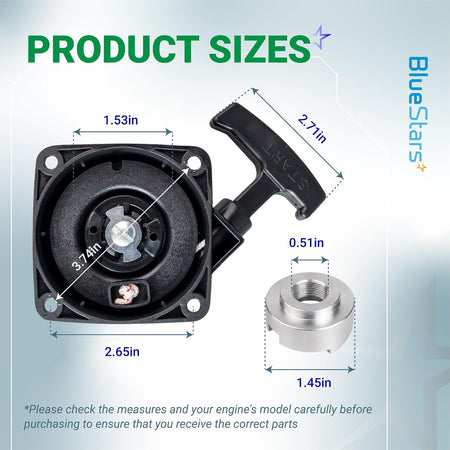 A051001520 Recoil Starter Pull Start with product dimensions labeled on the starter and metal cup