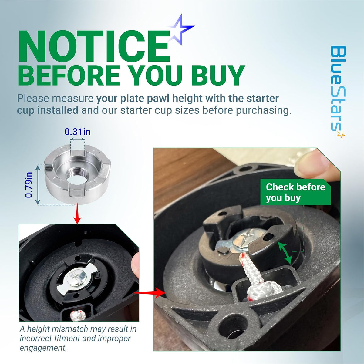 A051001520 Recoil Starter Pull Start fitment notice showing starter cup dimensions and pawl height check