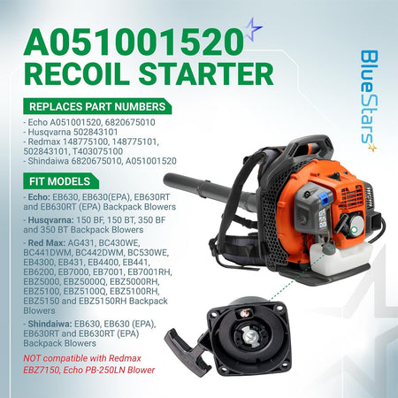 A051001520 Recoil Starter, graphic showing starter assembly, pull handle, replacement part numbers, and fit models