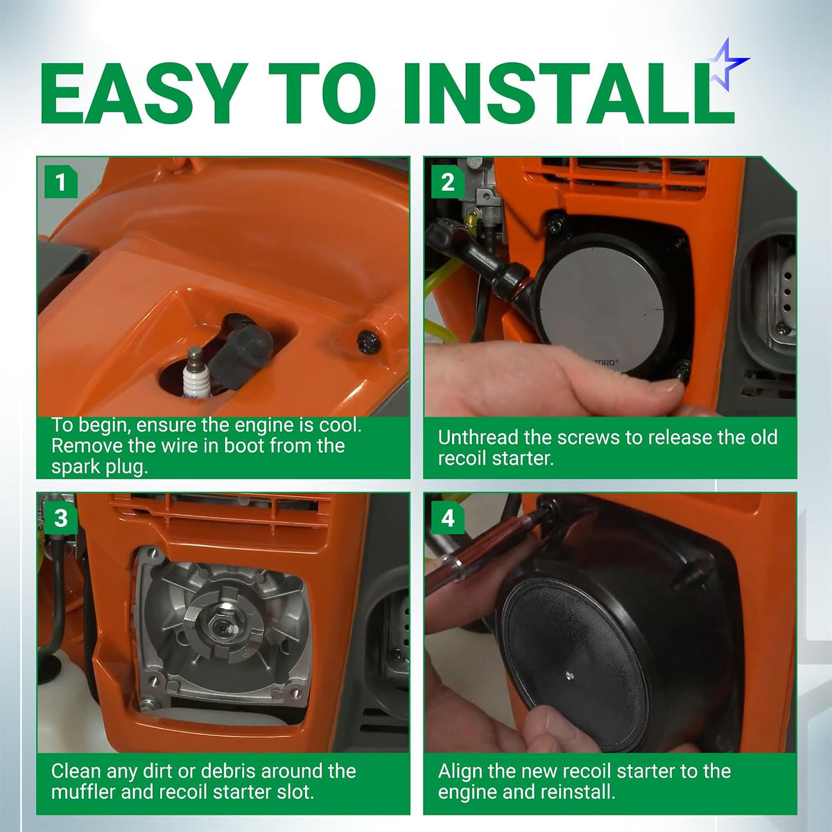 A051001520 Recoil Starter Pull Start installation guide showing four steps on an orange blower