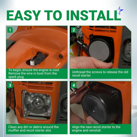 A051001520 Recoil Starter Pull Start installation guide showing four steps on an orange blower
