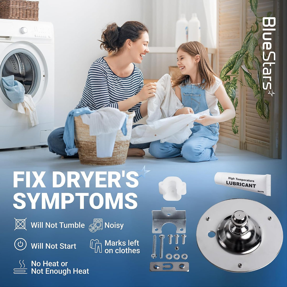 5303281153 Dryer Rear Drum Bearing Kit graphic with laundry scene, symptom list, bearing parts, and lubricant.