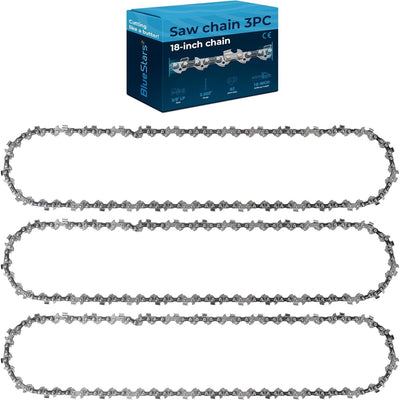 Pack of three 18-inch chainsaw chains with 3/8-inch LP pitch, 0.050-inch gauge, and 62 drive links in retail box.