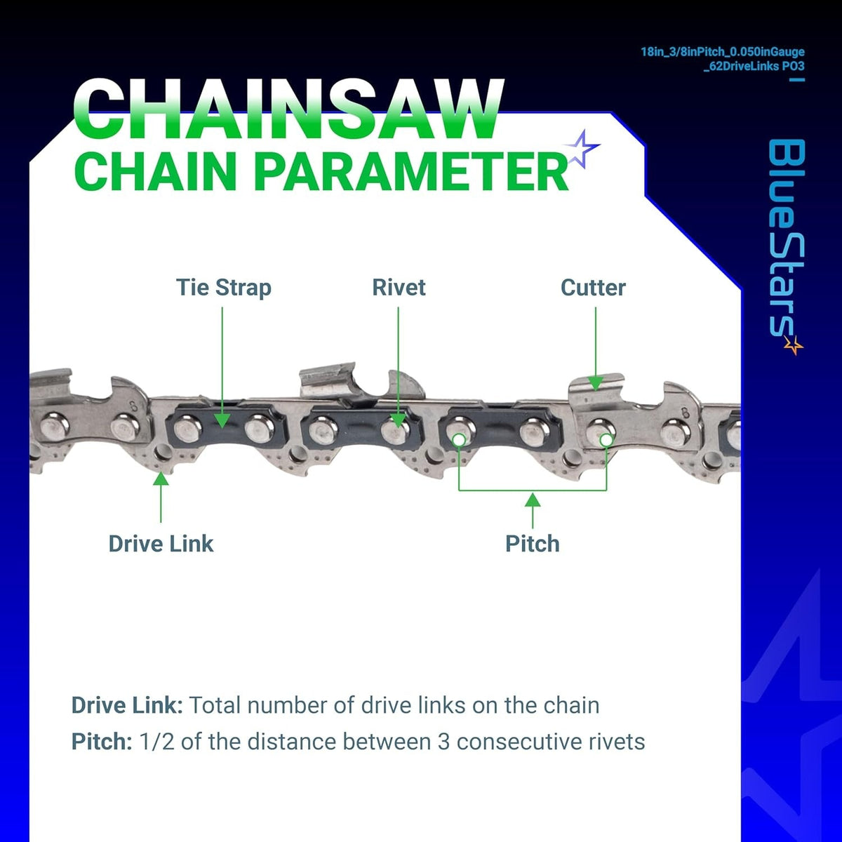 Diagram showing chainsaw chain components including tie strap, rivet, cutter, drive link, and pitch measurement.
