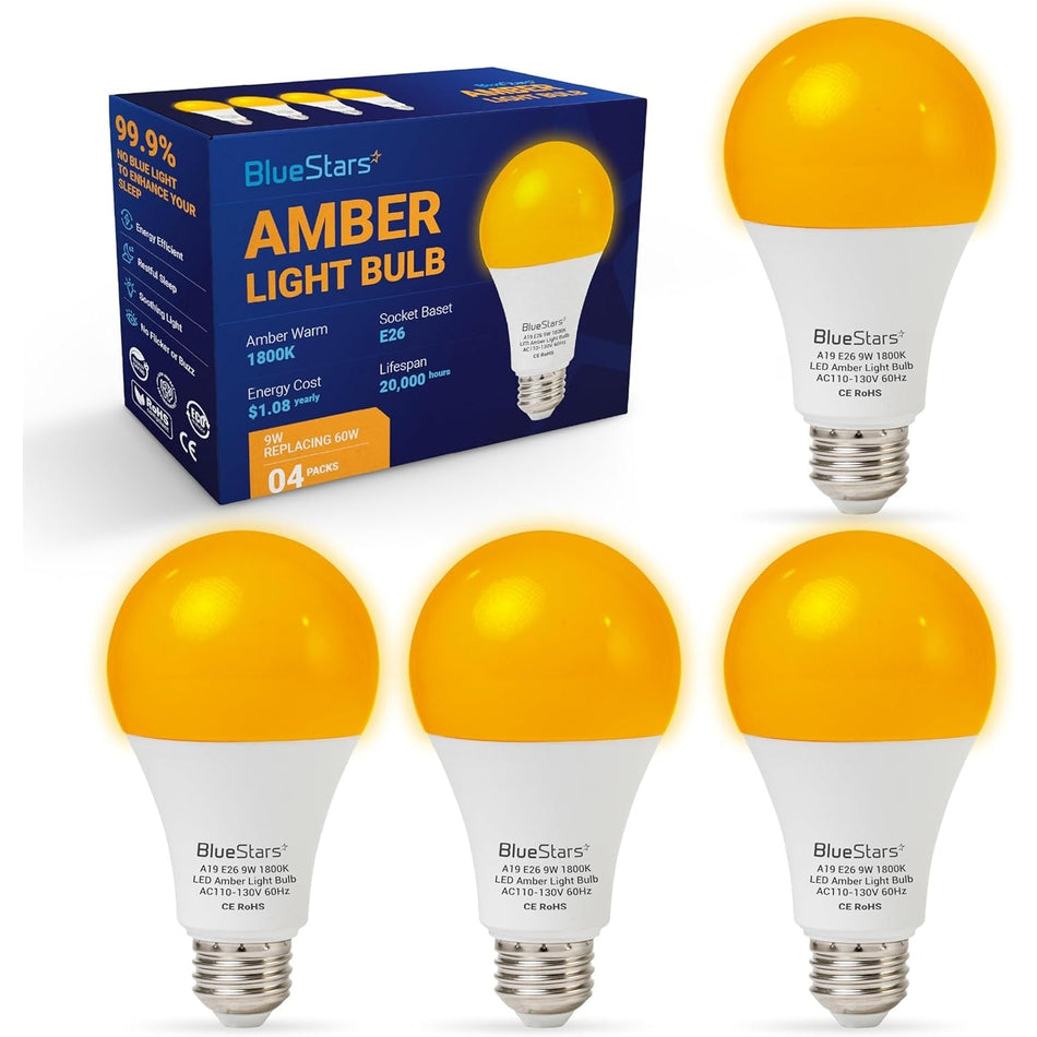 Amber Sleep Light Bulbs - Blue Light Blocking, 9W A19, 1800K Warm, E26 Base, 4-Pack