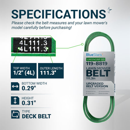 Specification chart for 119-8819 deck belt showing dimensions, measurements, and product features.