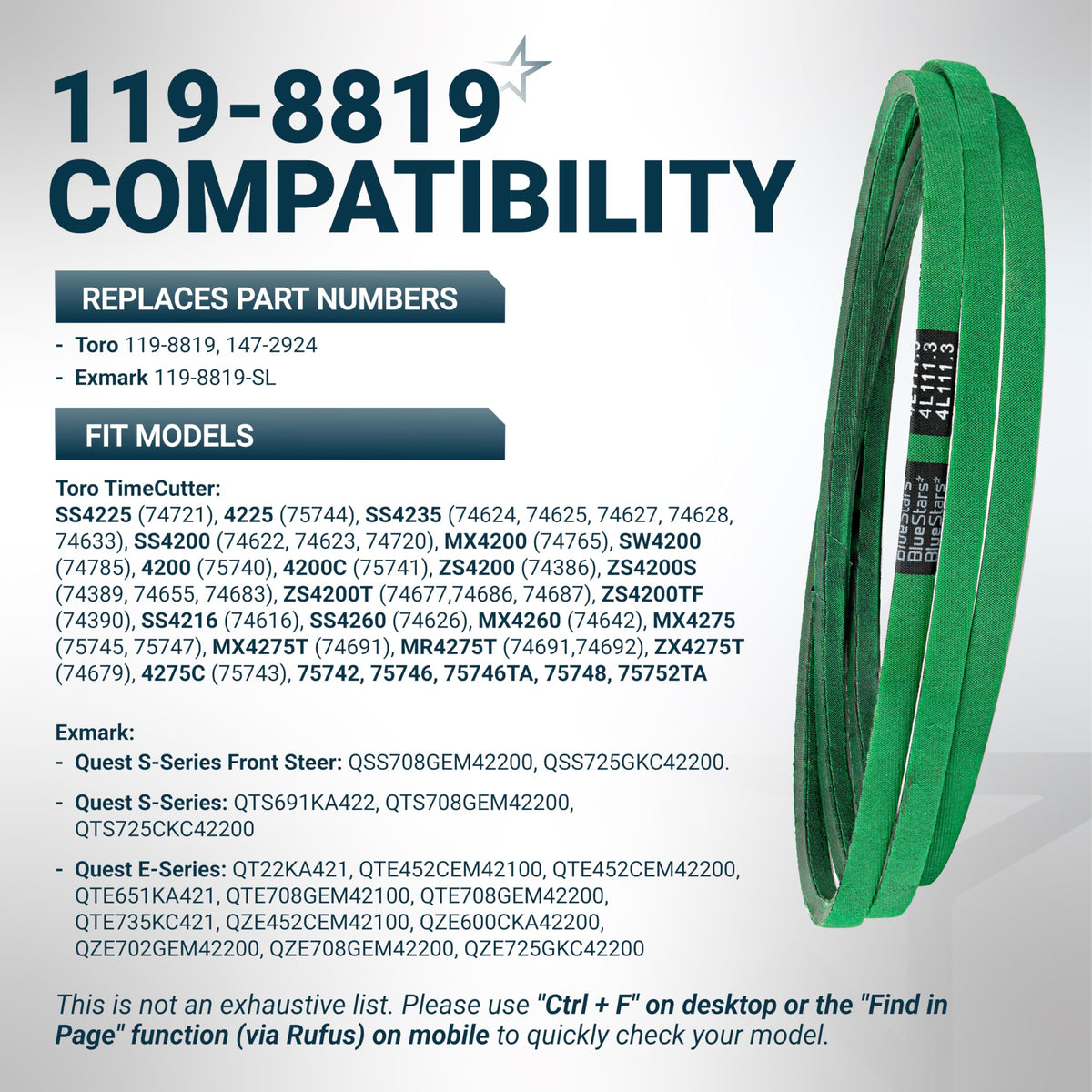 119-8819 deck belt compatibility chart for Toro TimeCutter and Exmark Quest 42-inch zero turn mowers.