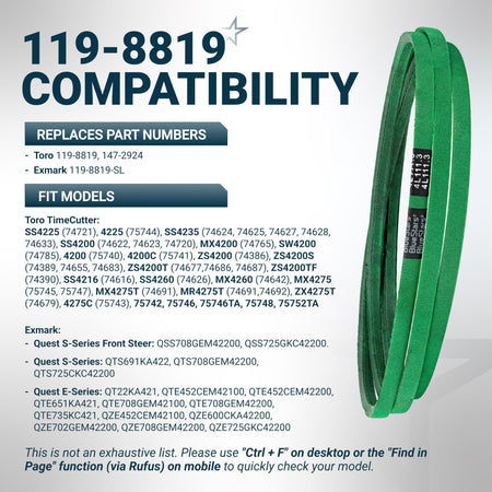 119-8819 deck belt compatibility chart for Toro TimeCutter and Exmark Quest 42-inch zero turn mowers.