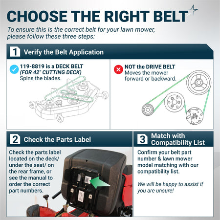 Infographic guide for identifying the correct 119-8819 deck belt for Toro and Exmark 42-inch mower decks.