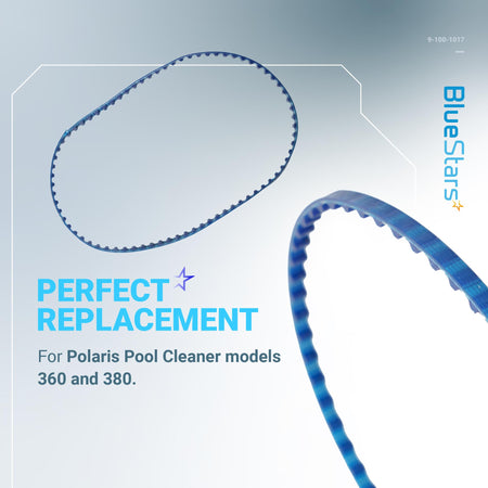 Blue replacement belts for Polaris 360 and 380 pool cleaners, showing both full and close-up views.