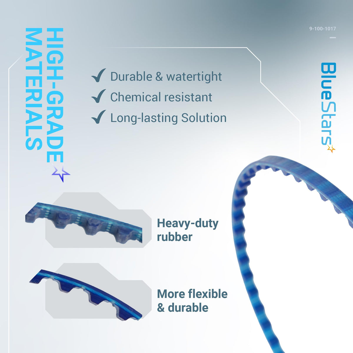 BlueStars 9-100-1017 replacement belt for Polaris 360 and 380 pool cleaners showing material durability and flexibility.
