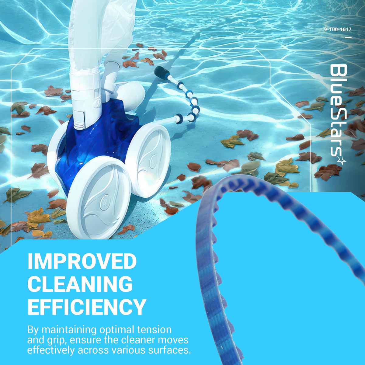 Replacement belt for Polaris 360 and 380 pool cleaners shown with cleaner in pool water.
