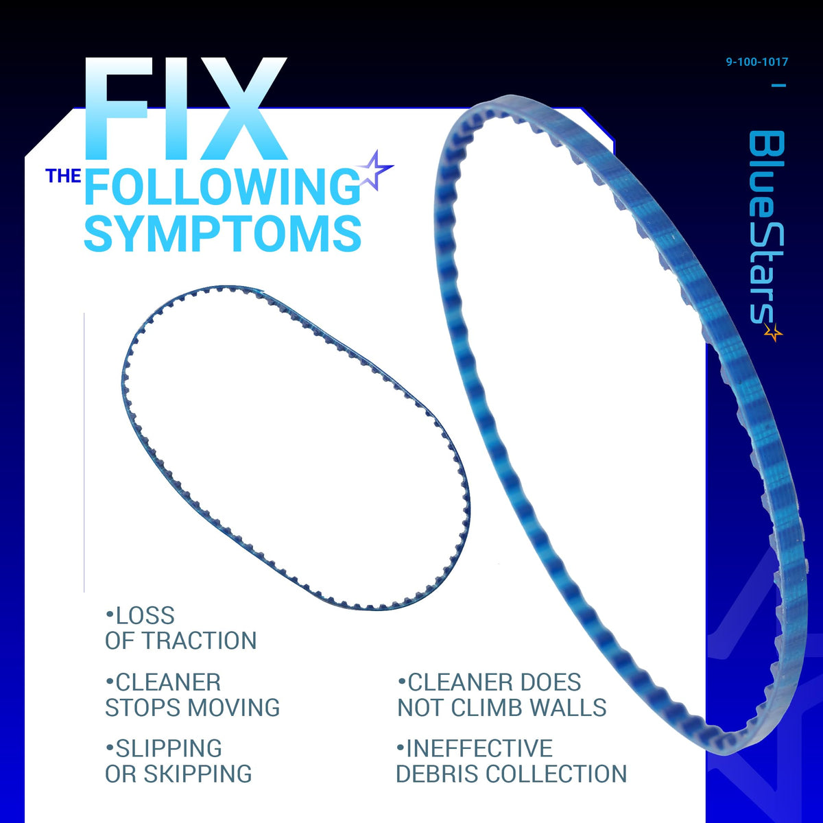 Small and large replacement belts for Polaris 360 and 380 pool cleaners with troubleshooting symptom guide.