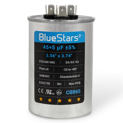 45+5 uF 370/440VAC CBB65 dual run round capacitor with terminal connectors.