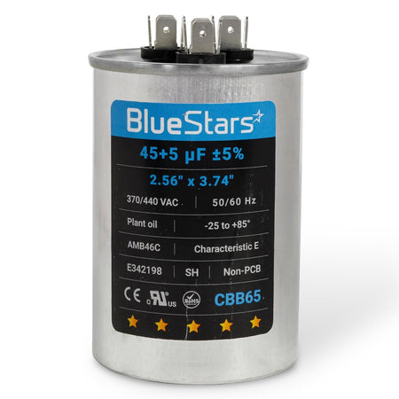 45+5 uF 370/440VAC CBB65 dual run round capacitor with terminal connectors.